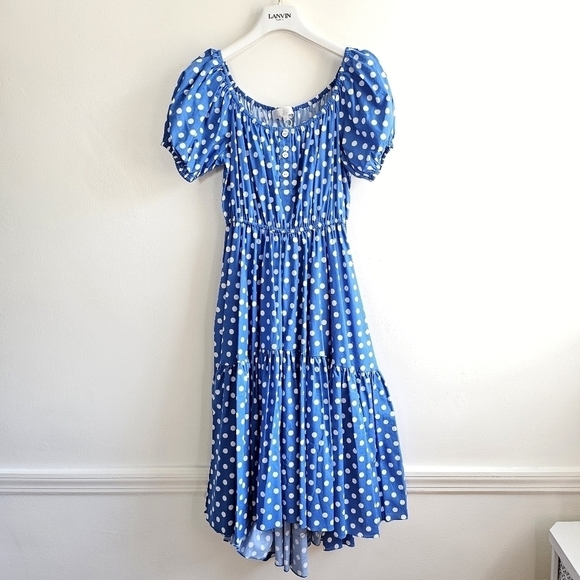 New Caroline Constas Bardot Flounce Polka Dot Blue/White Midi Dress NWT Small - Picture 8 of 15